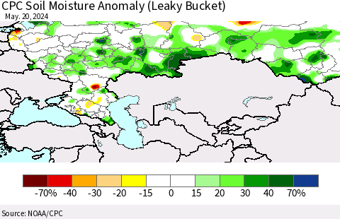 Russian Federation CPC Soil Moisture Anomaly (Leaky Bucket) Thematic Map For 5/16/2024 - 5/20/2024