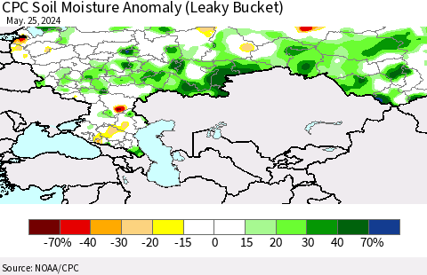 Russian Federation CPC Soil Moisture Anomaly (Leaky Bucket) Thematic Map For 5/21/2024 - 5/25/2024
