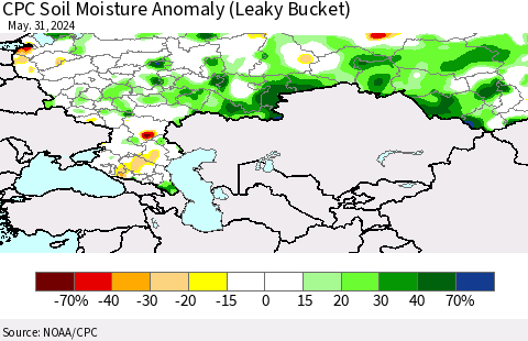 Russian Federation CPC Soil Moisture Anomaly (Leaky Bucket) Thematic Map For 5/26/2024 - 5/31/2024