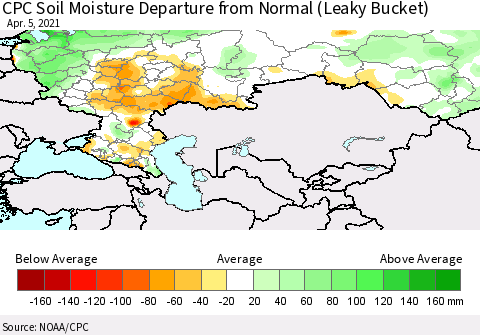 Russian Federation CPC Soil Moisture Departure from Normal (Leaky Bucket) Thematic Map For 4/1/2021 - 4/5/2021