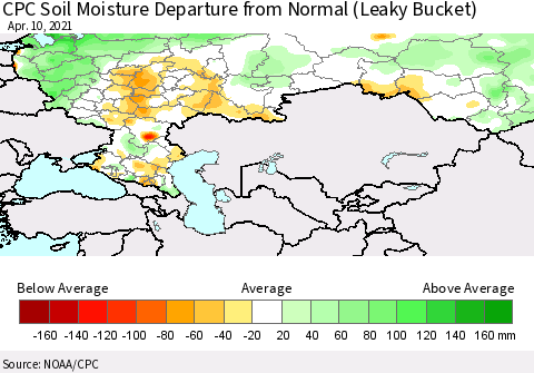 Russian Federation CPC Soil Moisture Departure from Normal (Leaky Bucket) Thematic Map For 4/6/2021 - 4/10/2021