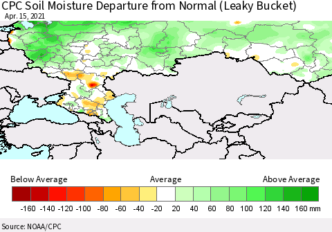 Russian Federation CPC Soil Moisture Departure from Normal (Leaky Bucket) Thematic Map For 4/11/2021 - 4/15/2021