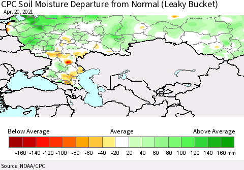 Russian Federation CPC Soil Moisture Departure from Normal (Leaky Bucket) Thematic Map For 4/16/2021 - 4/20/2021