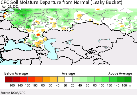 Russian Federation CPC Soil Moisture Departure from Normal (Leaky Bucket) Thematic Map For 4/21/2021 - 4/25/2021