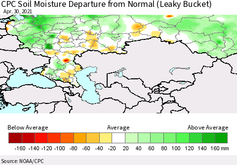 Russian Federation CPC Soil Moisture Departure from Normal (Leaky Bucket) Thematic Map For 4/26/2021 - 4/30/2021