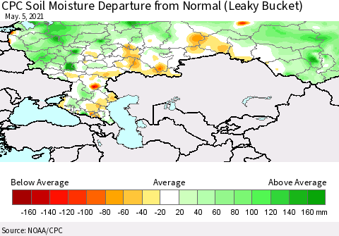 Russian Federation CPC Soil Moisture Departure from Normal (Leaky Bucket) Thematic Map For 5/1/2021 - 5/5/2021