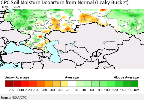 Russian Federation CPC Soil Moisture Departure from Normal (Leaky Bucket) Thematic Map For 5/6/2021 - 5/10/2021