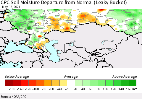 Russian Federation CPC Soil Moisture Departure from Normal (Leaky Bucket) Thematic Map For 5/11/2021 - 5/15/2021