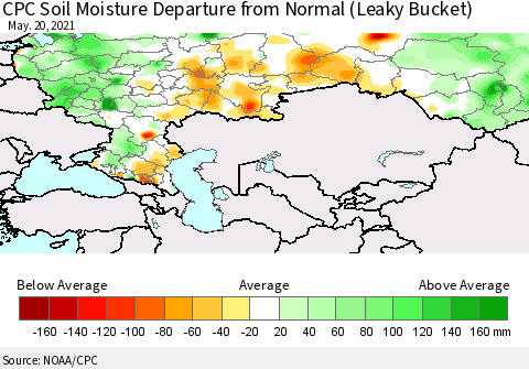 Russian Federation CPC Soil Moisture Departure from Normal (Leaky Bucket) Thematic Map For 5/16/2021 - 5/20/2021