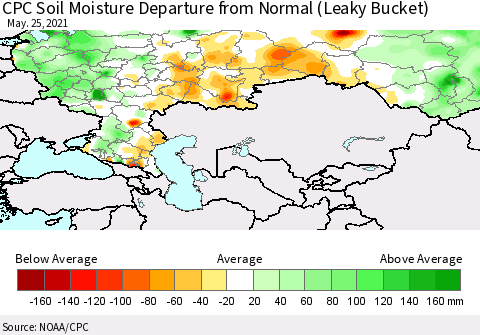 Russian Federation CPC Soil Moisture Departure from Normal (Leaky Bucket) Thematic Map For 5/21/2021 - 5/25/2021