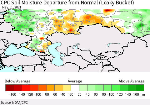 Russian Federation CPC Soil Moisture Departure from Normal (Leaky Bucket) Thematic Map For 5/26/2021 - 5/31/2021