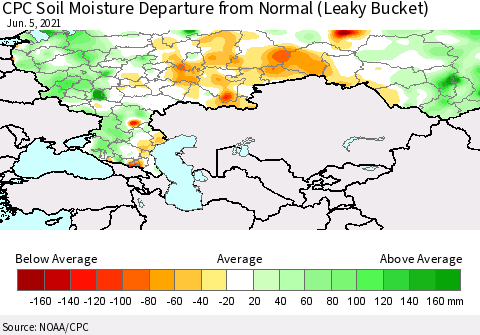 Russian Federation CPC Soil Moisture Departure from Normal (Leaky Bucket) Thematic Map For 6/1/2021 - 6/5/2021