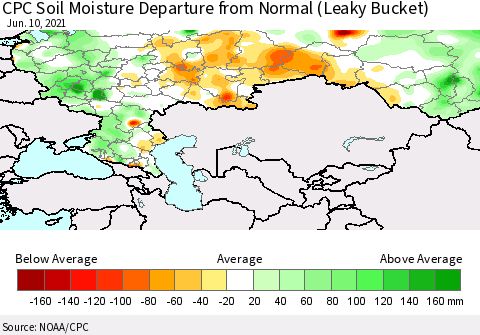 Russian Federation CPC Soil Moisture Departure from Normal (Leaky Bucket) Thematic Map For 6/6/2021 - 6/10/2021