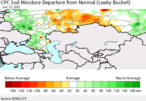 Russian Federation CPC Soil Moisture Departure from Normal (Leaky Bucket) Thematic Map For 6/11/2021 - 6/15/2021