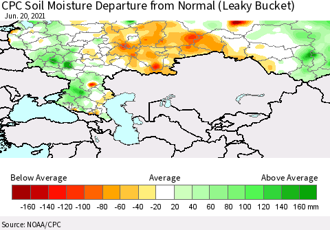 Russian Federation CPC Soil Moisture Departure from Normal (Leaky Bucket) Thematic Map For 6/16/2021 - 6/20/2021