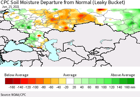 Russian Federation CPC Soil Moisture Departure from Normal (Leaky Bucket) Thematic Map For 6/21/2021 - 6/25/2021
