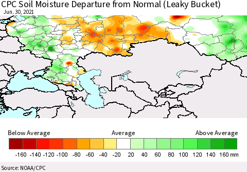 Russian Federation CPC Soil Moisture Departure from Normal (Leaky Bucket) Thematic Map For 6/26/2021 - 6/30/2021