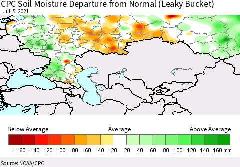 Russian Federation CPC Soil Moisture Departure from Normal (Leaky Bucket) Thematic Map For 7/1/2021 - 7/5/2021