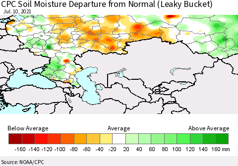 Russian Federation CPC Soil Moisture Departure from Normal (Leaky Bucket) Thematic Map For 7/6/2021 - 7/10/2021