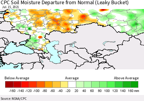 Russian Federation CPC Soil Moisture Departure from Normal (Leaky Bucket) Thematic Map For 7/11/2021 - 7/15/2021