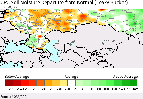 Russian Federation CPC Soil Moisture Departure from Normal (Leaky Bucket) Thematic Map For 7/16/2021 - 7/20/2021