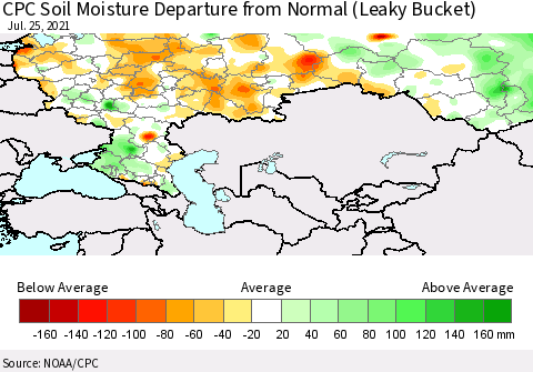 Russian Federation CPC Soil Moisture Departure from Normal (Leaky Bucket) Thematic Map For 7/21/2021 - 7/25/2021