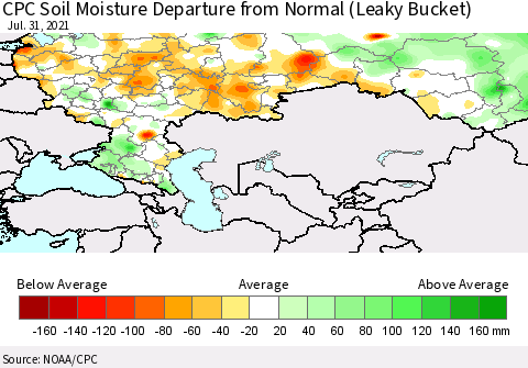 Russian Federation CPC Soil Moisture Departure from Normal (Leaky Bucket) Thematic Map For 7/26/2021 - 7/31/2021