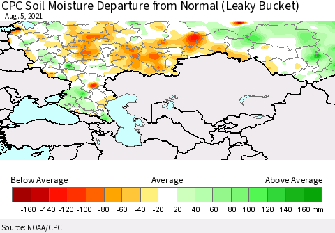 Russian Federation CPC Soil Moisture Departure from Normal (Leaky Bucket) Thematic Map For 8/1/2021 - 8/5/2021