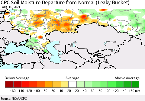 Russian Federation CPC Soil Moisture Departure from Normal (Leaky Bucket) Thematic Map For 8/6/2021 - 8/10/2021