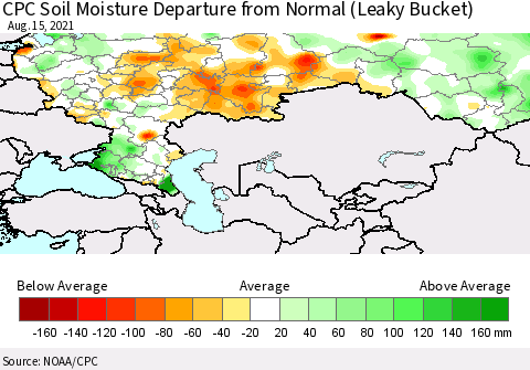 Russian Federation CPC Soil Moisture Departure from Normal (Leaky Bucket) Thematic Map For 8/11/2021 - 8/15/2021