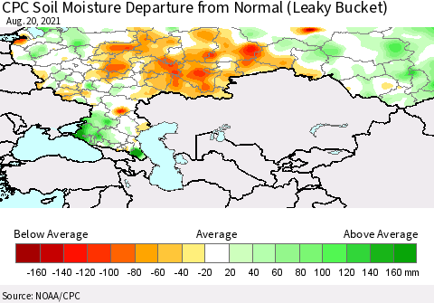 Russian Federation CPC Soil Moisture Departure from Normal (Leaky Bucket) Thematic Map For 8/16/2021 - 8/20/2021