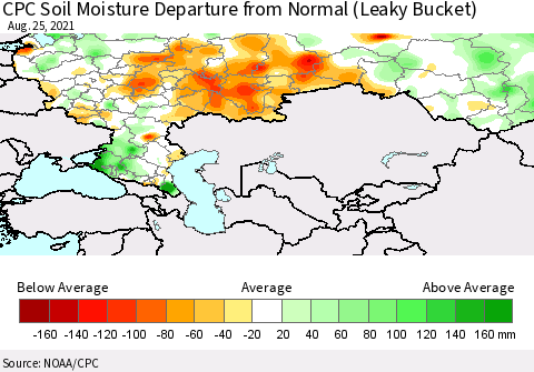 Russian Federation CPC Soil Moisture Departure from Normal (Leaky Bucket) Thematic Map For 8/21/2021 - 8/25/2021