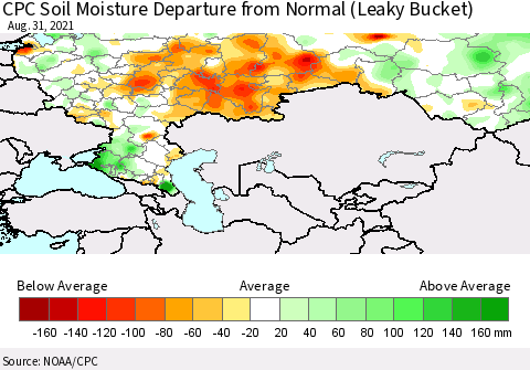Russian Federation CPC Soil Moisture Departure from Normal (Leaky Bucket) Thematic Map For 8/26/2021 - 8/31/2021