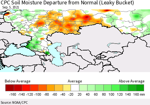 Russian Federation CPC Soil Moisture Departure from Normal (Leaky Bucket) Thematic Map For 9/1/2021 - 9/5/2021