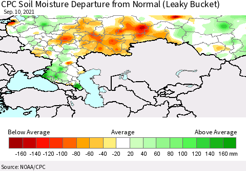 Russian Federation CPC Soil Moisture Departure from Normal (Leaky Bucket) Thematic Map For 9/6/2021 - 9/10/2021