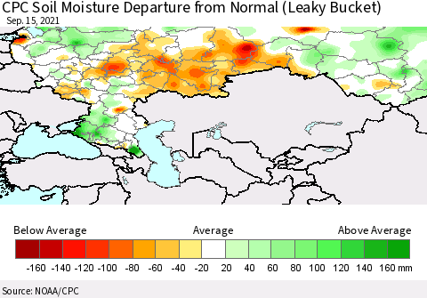 Russian Federation CPC Soil Moisture Departure from Normal (Leaky Bucket) Thematic Map For 9/11/2021 - 9/15/2021