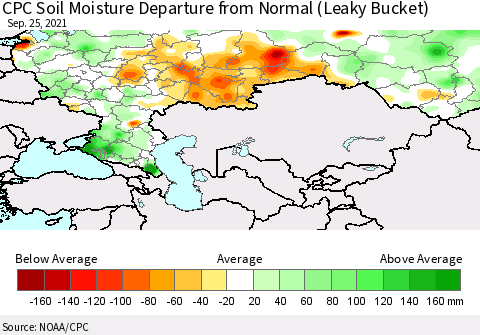 Russian Federation CPC Soil Moisture Departure from Normal (Leaky Bucket) Thematic Map For 9/21/2021 - 9/25/2021