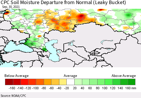 Russian Federation CPC Soil Moisture Departure from Normal (Leaky Bucket) Thematic Map For 9/26/2021 - 9/30/2021