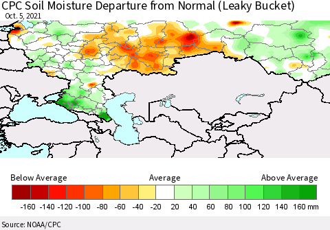 Russian Federation CPC Soil Moisture Departure from Normal (Leaky Bucket) Thematic Map For 10/1/2021 - 10/5/2021