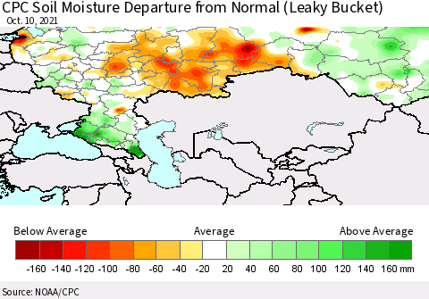 Russian Federation CPC Soil Moisture Departure from Normal (Leaky Bucket) Thematic Map For 10/6/2021 - 10/10/2021