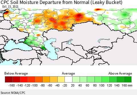 Russian Federation CPC Soil Moisture Departure from Normal (Leaky Bucket) Thematic Map For 10/11/2021 - 10/15/2021