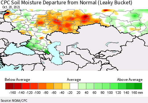 Russian Federation CPC Soil Moisture Departure from Normal (Leaky Bucket) Thematic Map For 10/16/2021 - 10/20/2021