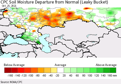 Russian Federation CPC Soil Moisture Departure from Normal (Leaky Bucket) Thematic Map For 10/21/2021 - 10/25/2021