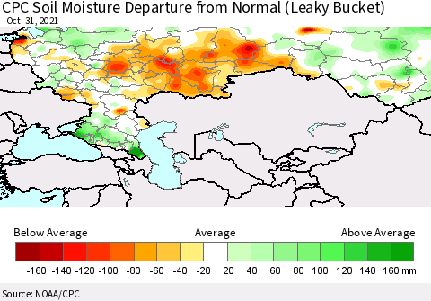 Russian Federation CPC Soil Moisture Departure from Normal (Leaky Bucket) Thematic Map For 10/26/2021 - 10/31/2021