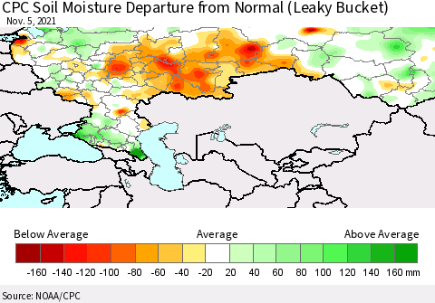 Russian Federation CPC Soil Moisture Departure from Normal (Leaky Bucket) Thematic Map For 11/1/2021 - 11/5/2021