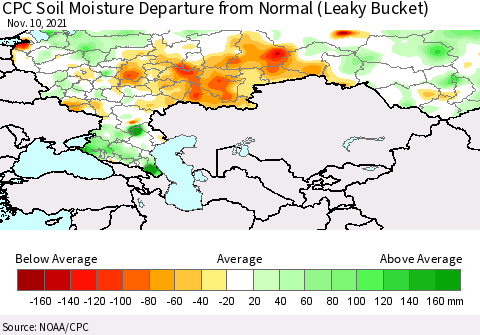 Russian Federation CPC Soil Moisture Departure from Normal (Leaky Bucket) Thematic Map For 11/6/2021 - 11/10/2021