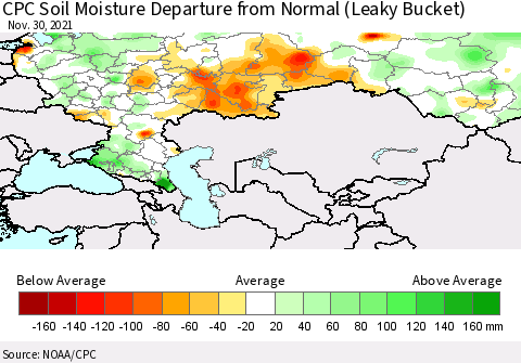 Russian Federation CPC Soil Moisture Departure from Normal (Leaky Bucket) Thematic Map For 11/26/2021 - 11/30/2021