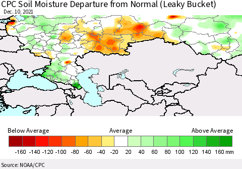 Russian Federation CPC Soil Moisture Departure from Normal (Leaky Bucket) Thematic Map For 12/6/2021 - 12/10/2021