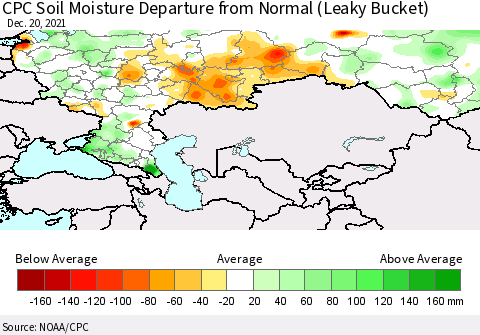 Russian Federation CPC Soil Moisture Departure from Normal (Leaky Bucket) Thematic Map For 12/16/2021 - 12/20/2021