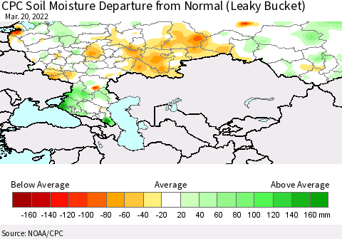 Russian Federation CPC Soil Moisture Departure from Normal (Leaky Bucket) Thematic Map For 3/16/2022 - 3/20/2022